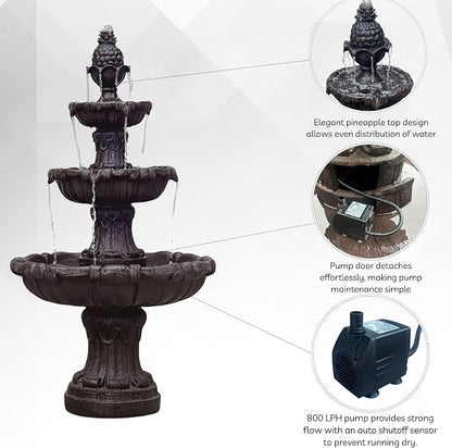 XBrand 58.3" 3-Tier Outdoor Freestanding Water Fountain - Classic Leaf Design, Brown Resin, Large Bird Bath with Pump - Ideal for Yard, Lawn and Garden, Porch Décor
