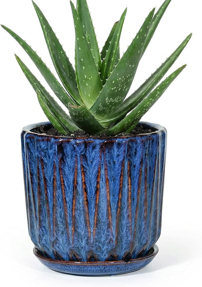 7.5 Inch Ceramic Planter Pot with Saucer Drainage Leak-Proof Mesh,Flower Pots for Indoor Plants with Gardening Gloves,Ceramic Planter(Peacock-Blue)