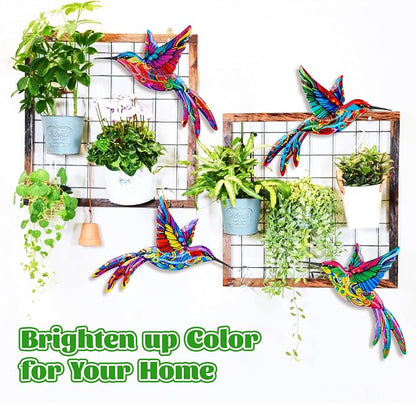 ULENDIS 4 Pack Metal Hummingbird Wall Art Decor, 3D Colorful Outdoor Wall Art Fence Decorations for Patio and Yard, Wall Sculpture Hanging Decor for Garden Living Room Balcony (C)