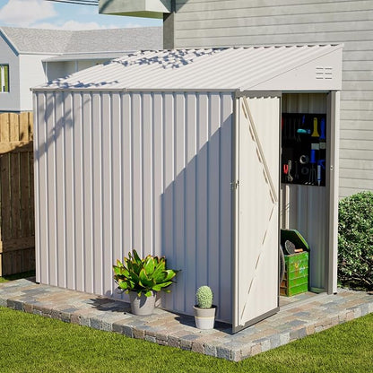 YOPTO 4x7 FT Outdoor Storage Shed,Metal Lean to Storage Shed with Reinforced Beams,All Weather Waterproof Garden Tool House W/Lockable Door and Reversible Installation,for Backyard,Patio,Lawn,White