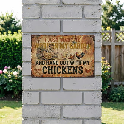 Funny Garden Metal Signs, Vintage Outdoor Wall Decor 12x8 Inch | Work in My Garden With Chickens, Weatherproof Aluminum Sign for Patio Yard Greenhouse, Gift For Gardeners