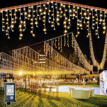 99ft Icicle Lights for Outside, Warm White Christmas Lights Outdoor Indoor, 1216 LED Twinkle String Light with 228 Drops, Waterproof Curtain Light for House Eaves Patio Wall Bedroom Window Roof Decor
