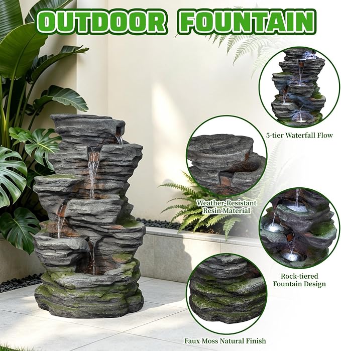 40.16" H Water Fountain Outdoor, 5-Tier Cascading Waterfall Fountain, Large Water Feature for Patio, Garden, Backyard, Deck