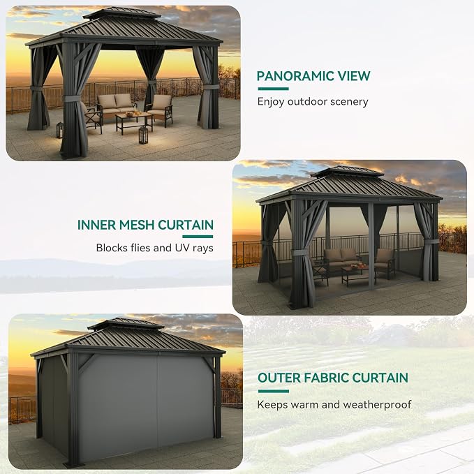 YITAHOME 10x12ft Hardtop Gazebo with Nettings and Curtains Heavy Duty | Double Roof Galvanized Steel Outdoor Combined of Vertical Stripes Roof for Patio, Backyard, Deck, Lawns, Gray