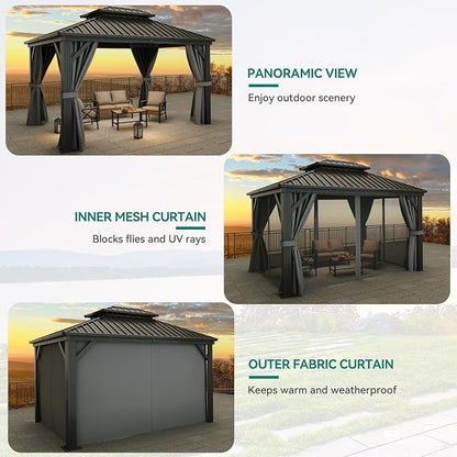 YITAHOME 10x12ft Hardtop Gazebo with Nettings and Curtains Heavy Duty | Double Roof Galvanized Steel Outdoor Combined of Vertical Stripes Roof for Patio, Backyard, Deck, Lawns, Gray
