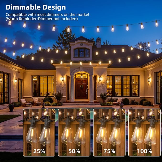 FOOMAN LED Outdoor String Lights, 200FT Outside Waterproof Patio Lights with 100+4 Shatterproof ST38 Edison Bulbs, 2700K Warm White Hanging Light, Dimmable Light for Backyard Porch Gazebo(100FT x 2)