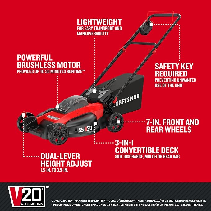 CRAFTSMAN V20 20 in Lawn Mower, 2 x 5Ah Batteries and 2 Chargers Included, High Effeciency Brushless Motor, Push Mower, Up to 50 Min of Runtime, Lightweight, Grass Bag, Low Profile (CMCMW220P2)