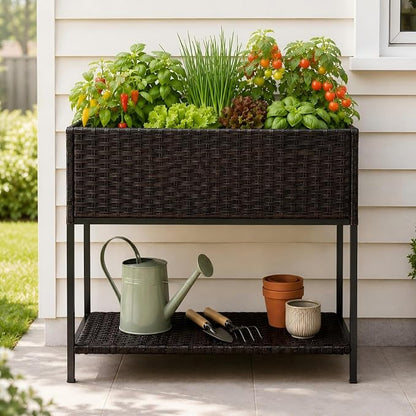 Raised Garden Bed - 3x1.5x2.5 ft Rattan Raised Bed Wicker Elevated Raised Garden Bed with Underneath Tool Storage Rack Shelf, Outdoor Raised Flower Planter Box