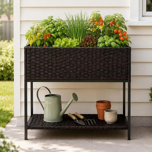 Raised Garden Bed - 3x1.5x2.5 ft Rattan Raised Bed Wicker Elevated Raised Garden Bed with Underneath Tool Storage Rack Shelf, Outdoor Raised Flower Planter Box