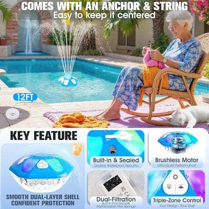 2026 Upgraded Pool Fountain,9000mah Rechargeable Floating Pool Fountain with Light Show,Above Ground Pool Water Fountain Pump with Anchor,Large Swimming Pool Fountain for Inground Pool-1PC,Blue