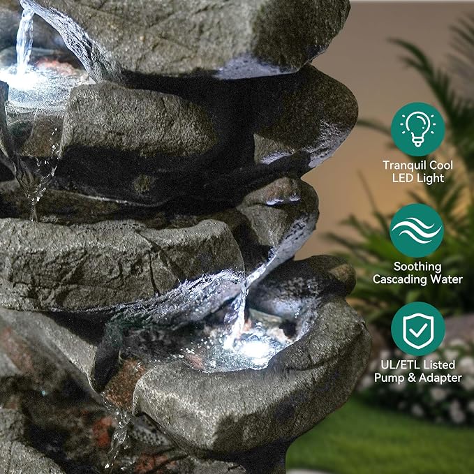 20" H Outdoor Water Fountain with LED Lights, 5-Tier Rock Outdoor Fountain with Pump,Polyresin Cascading Freestanding Waterfall Feature for Tranquil Garden, Patio or Porch