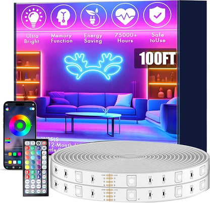 roperry 100FT Outdoor LED Strip Lights, IP68 RGB LED Lights with Remote and APP Control, Outdoor Strip Lights for Pool, Balcony, Roof, Garden, Stairs (1 Roll)