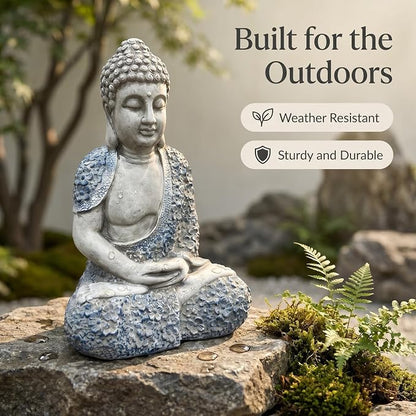 Large 16" Meditating Buddha Statue with Blue Accents, Weatherproof Resin Sculpture for Outdoor Patio Yard Zen Decor, Feng Shui Mindfulness Ornament, Housewarming Spiritual Gift