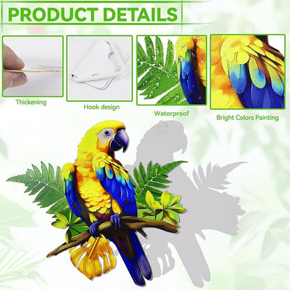 ULENDIS 2 Pack Metal Parrot Wall Decor, 11.8" Bright Color Tropical Bird Macaw Outdoor Wall Art Patio Fence Decorations, Hanging Bird Decor for Garden Yard Living Room Bedroom Balcony