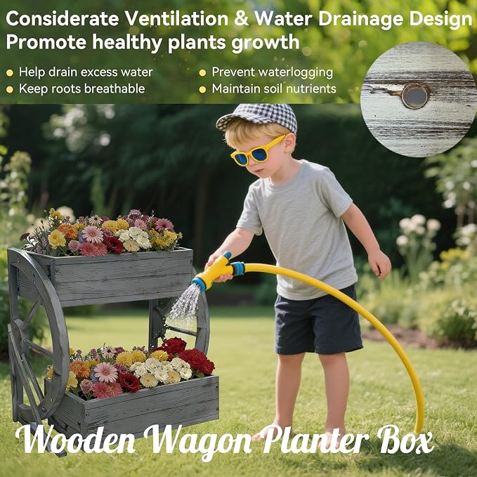 NestNature Wooden Wagon Planter Box|Rustic Planter Use On Indoor&Outdoor | 2-Tier Medium Solid Wood Planter-Flower Pot Use On Patio,Porch,Garden-Raised Garden Bed For Succulents, Herbs, Vegetables