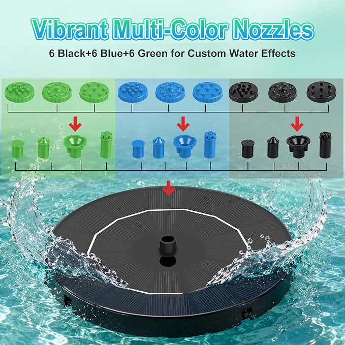 3.5W Solar Fountain Pump, Solar Bird Bath Fountain with 6 Green & 6 Black & 6 Blue Nozzles, Solar Water Pump for Outdoor Garden Patio Small Pond Fish Tank Landscape Decoration