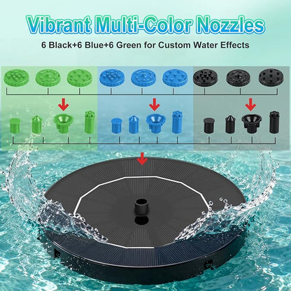 3.5W Solar Fountain Pump, Solar Bird Bath Fountain with 6 Green & 6 Black & 6 Blue Nozzles, Solar Water Pump for Outdoor Garden Patio Small Pond Fish Tank Landscape Decoration