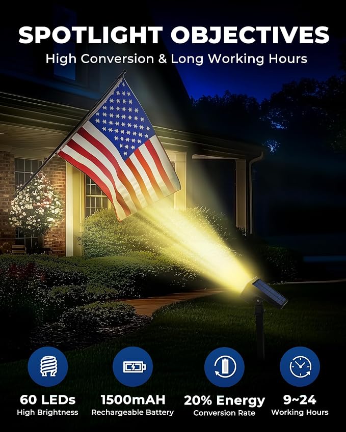 HGGH Solar Lights Outdoor Waterproof IP67, 60 LED 3 Lighting Modes Solar Spot Lights Outdoor for Yard Garden Pathway Landscape, Auto On/Off, Function 2 in 1(Warm White, 4 Pack)