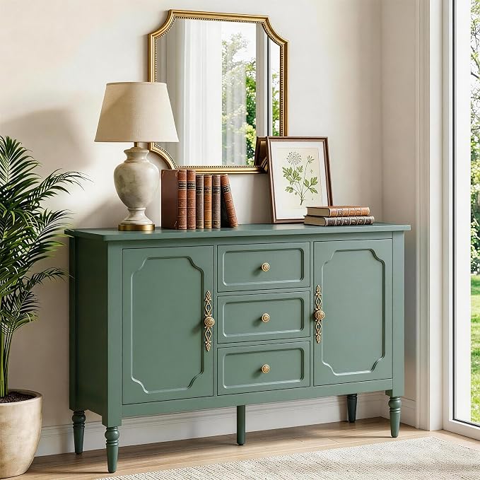 RoyalCraft Buffet Cabinet with 2 Doors & 3 Drawers, Vintage Sideboard with Storage, Painted Coffee Bar Table with Solid Wood Legs, Ideal for Kitchen, Living Room, Dining Room, Green