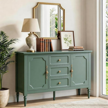 RoyalCraft Buffet Cabinet with 2 Doors & 3 Drawers, Vintage Sideboard with Storage, Painted Coffee Bar Table with Solid Wood Legs, Ideal for Kitchen, Living Room, Dining Room, Green