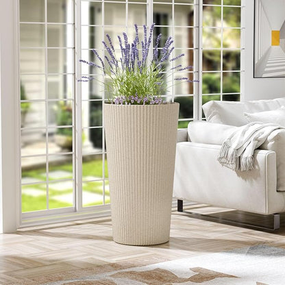 24" H Tall Planters for Outdoor Plants, 2 Pack Large Outdoor Planters for Front Porch Decor with Drainage Hole, Plastic Striped Flower Pots Fits Indoor Plants Patio Garden, Black
