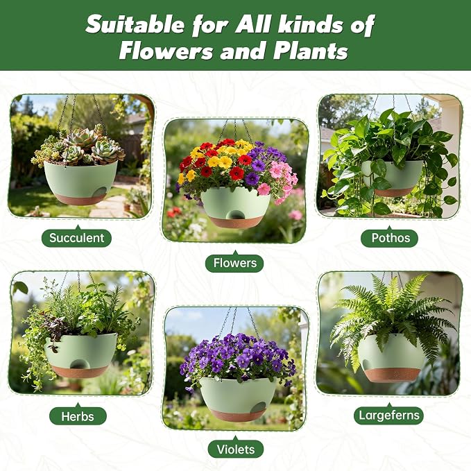 4-Piece Set of 8-Inch Hanging Planters with Automatic Watering System and Drip Tray, Includes Metal Chain, Suitable for Various Indoor and Outdoor Plants and Flowers, Green-Brown