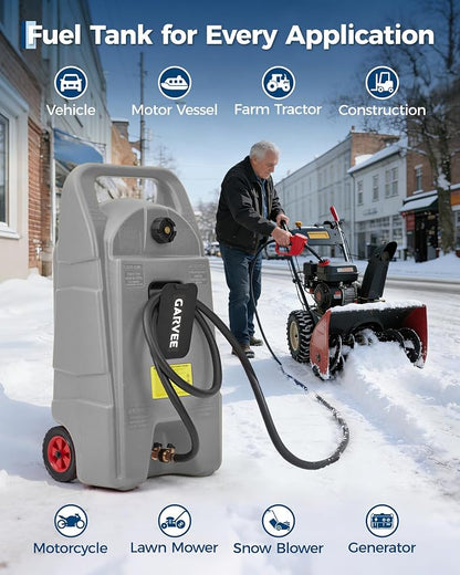 Garvee Slim 15 Gallon Gas Can, Fuel Tank Container with LE Fluid Transfer Manual 10 FT Siphon Pump, Portable Diesel Gas Storage Caddy Wheels for ATV, Weeder, Boat, Tractor, Snow Blower,Generator