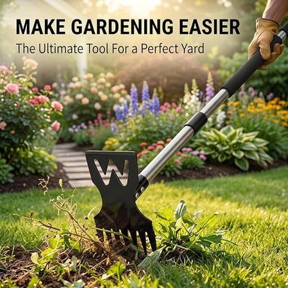 60" Weed Puller Tool with Long Handle, Heavy Duty 2-in-1 Stand Up Weeding Tool & Garden Hoe, Manual Weed Remover and Hand Rake for Yard, Lawn, Patio Gardening