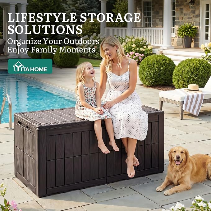 YITAHOME 110 Gallon Outdoor Deck Box | Waterproof Resin Storage Box with Lock, Lockable Patio Furniture Bin, 2-Person Bench Seating for Outdoor Cushions, Garden