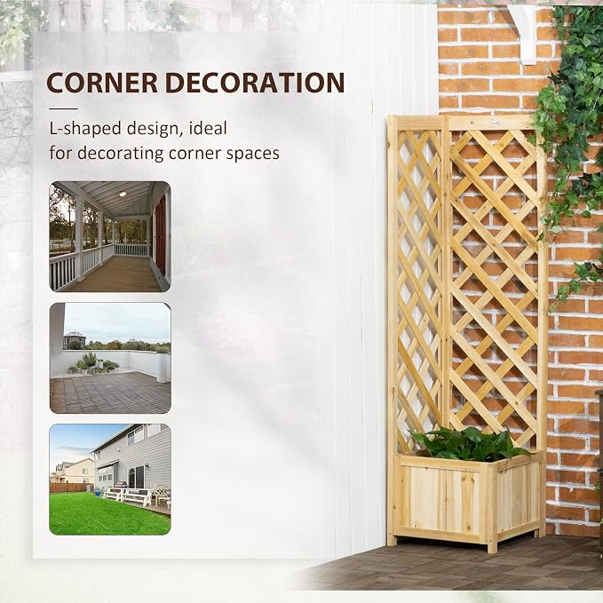 Outsunny Wooden Raised Garden Bed with Trellis, 57" Freestanding Corner Planter Box for Vine Plants Flowers Climbing and Planting Natural