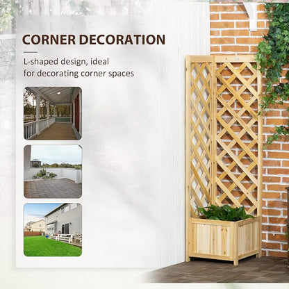 Outsunny Wooden Raised Garden Bed with Trellis, 57" Freestanding Corner Planter Box for Vine Plants Flowers Climbing and Planting Natural