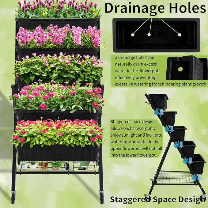 Homdox 4FT Vertical Garden Bed, 5 Tiers Vertical Raised Garden Planter, 25.6 * 26 * 48Inch Garden Raised Bed with 4 Hooks & 4 Wheels, Vegetable Flower Planter Raised Stand, Black with Storage Rack