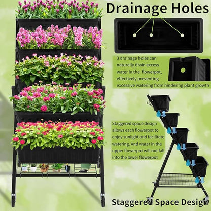Homdox 4FT Vertical Garden Bed, 5 Tiers Vertical Raised Garden Planter, 25.6 * 26 * 48Inch Garden Raised Bed with 4 Hooks & 4 Wheels, Vegetable Flower Planter Raised Stand, Black with Storage Rack