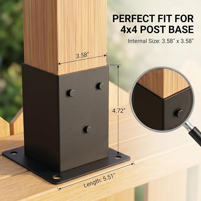 4x4 Post Base Brackets, 3.58'' x 3.58'', Heavy Duty, 2 Pack | Powder-Coated Steel, 2000 lb Support, Includes Bolts and Screws