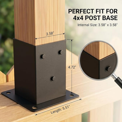 4x4 Post Base Brackets, 3.58'' x 3.58'', Heavy Duty, 2 Pack | Powder-Coated Steel, 2000 lb Support, Includes Bolts and Screws