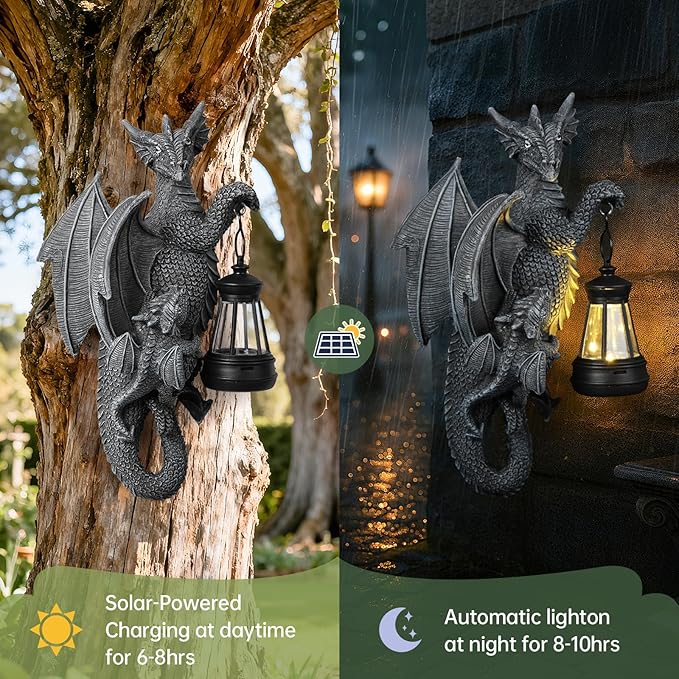 Solar Dragon Decor Tree Hugger Statue | Outdoor Garden Statue with LED Light for Yard, Patio, Balcony | Fantasy Dragon Figurine for Trees, Walls, Fences | Unique Gift for Women, Men & Mom