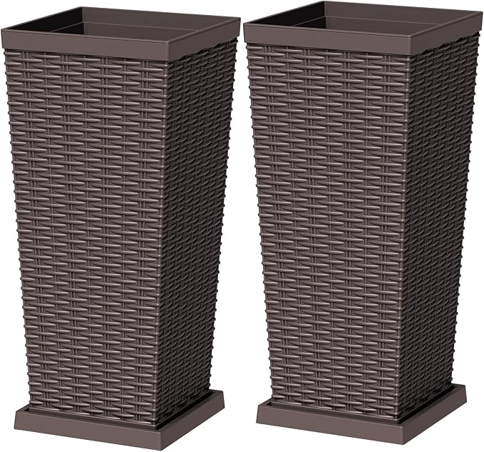 Greesum Set of 2 Tall Plastic Planters with Saucer, 24 Inch Large Pots with Drainage Trays, Weather-Resistant Plastic Plant Containers for Patio, Porch, Garden,Brown