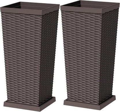 Greesum Set of 2 Tall Plastic Planters with Saucer, 24 Inch Large Pots with Drainage Trays, Weather-Resistant Plastic Plant Containers for Patio, Porch, Garden,Brown