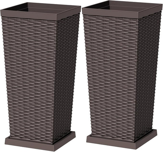 Greesum Set of 2 Tall Plastic Planters with Saucer, 24 Inch Large Pots with Drainage Trays, Weather-Resistant Plastic Plant Containers for Patio, Porch, Garden,Brown