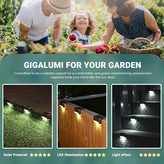 GIGALUMI Solar Deck Lights Outdoor, 16 Pack Waterproof LED Solar Lights for Stairs, Step, Fence, Railing, Yard and Patio (Cool White)