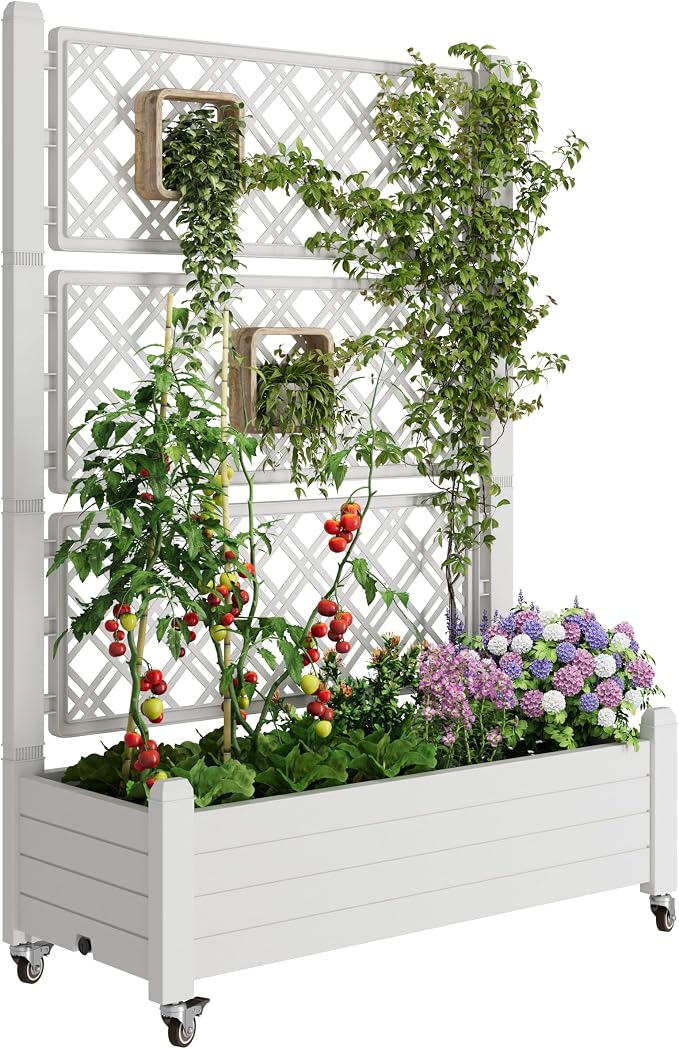 Fancyango Raised Garden Bed with Wheels 61.2" H -Ashen | Resin Elevated Garden Planter Box with Trellis, Outdoor Planter Box for Veggies Herbs Patio Balcony Backyard