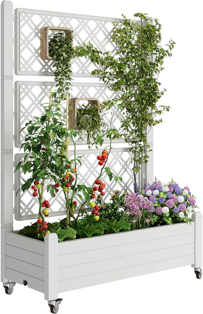 Fancyango Raised Garden Bed with Wheels 61.2" H -Ashen | Resin Elevated Garden Planter Box with Trellis, Outdoor Planter Box for Veggies Herbs Patio Balcony Backyard