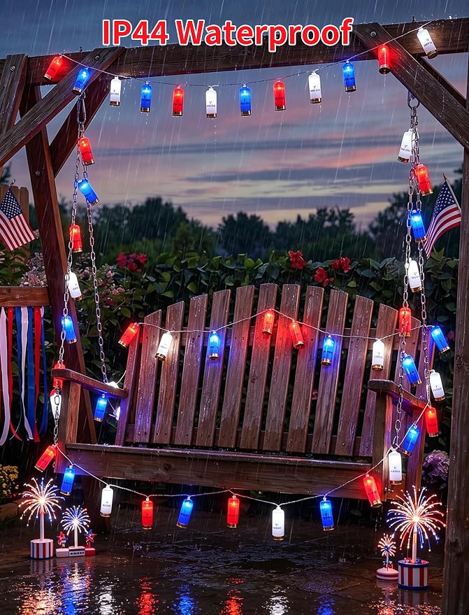 8.5Ft 4th of July String Lights, 10L LED Red White and Blue Shotgun Shell Lights Plug in for Home Classroom Porch Backyards Tree Patriotic Holiday Decorations, Indoor and Outdoor Use