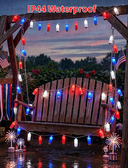 8.5Ft 4th of July String Lights, 10L LED Red White and Blue Shotgun Shell Lights Plug in for Home Classroom Porch Backyards Tree Patriotic Holiday Decorations, Indoor and Outdoor Use