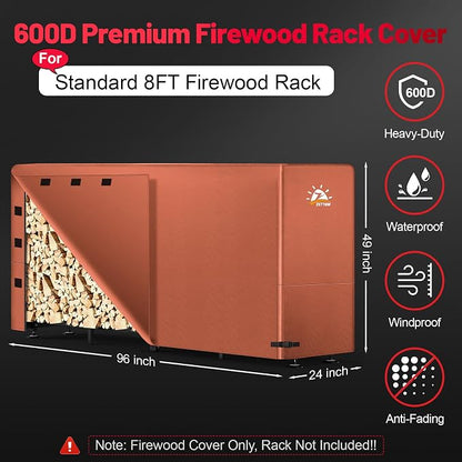 Zettum Firewood Rack Cover 8 Feet - 600D Wood Rack Cover Waterproof Heavy Duty, 8 Foot Outdoor Log Pile Holder Covers Storage for 8FT Standard Fire Wood Rack Stands (96 x 24 x 49 Inch)