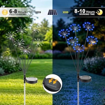 Solar Garden Lights Outdoor, 2 Pack New Upgraded Solar Swaying Starburst Light, Waterproof Fireworks Solar Lights, Yard Patio Pathway Decoration, Blue
