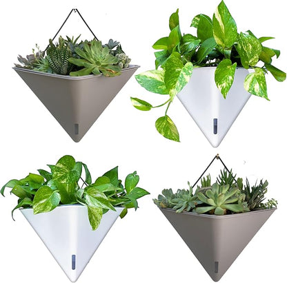 LaLaGreen Wall Planter (12in, 4 Pack) Large Indoor Self Watering Flower Pot | White and Gray Mixed Color Geometric Vertical Garden Plant Wall Hanging Vase Vessel with Black Metal Hanger Modern Stylish