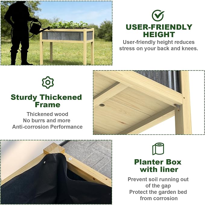 Raised Garden Bed Outdoor - 48”L*20”W*34”H Elevated Wooden Planter Box Stand, Backyard, Patio, Balcony w/Bed Liner, 300lb Capacity