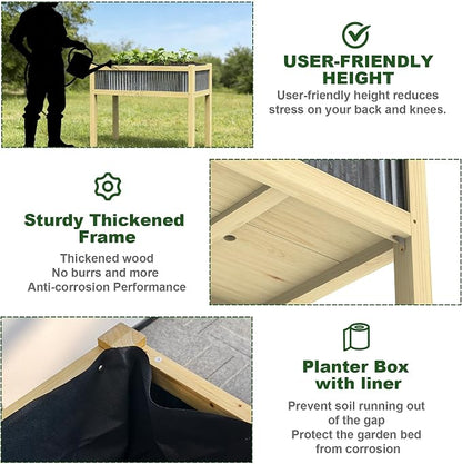 Raised Garden Bed Outdoor - 48”L*20”W*34”H Elevated Wooden Planter Box Stand, Backyard, Patio, Balcony w/Bed Liner, 300lb Capacity