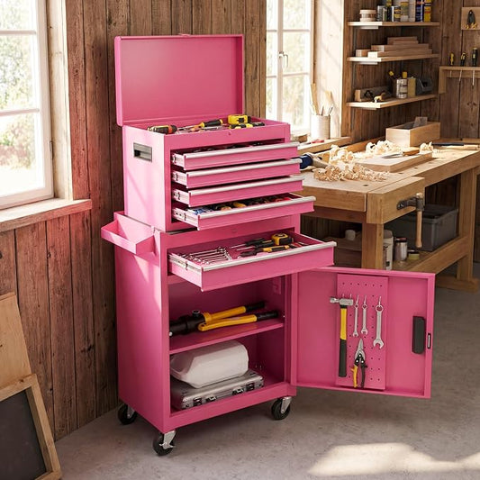 Goplus Pink Tool Chest, 5 Drawers Rolling Tool Cabinet w/Detachable Top Toolbox, Universal Lockable Wheels,Lock Bar,Protective Liner,Tool Rack, Metal Tool Storage Cart, Tool Box for Garage Workshop